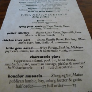 The Publican, Chicago, Menu